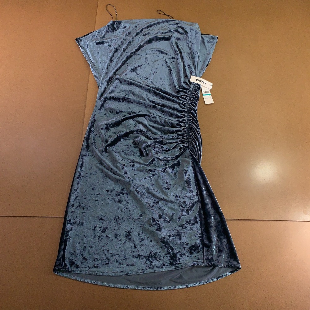 DKNY Womens Size 16 Indigo Velvet Cowl Neck Cap Sleeve Ruched Midi Dress NWT